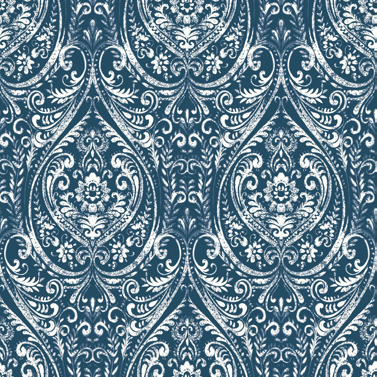 Bohemian Indigo Damask Peel & Stick Wallpaper with Distressed Damask Pattern - NuWallpaper NUW1689