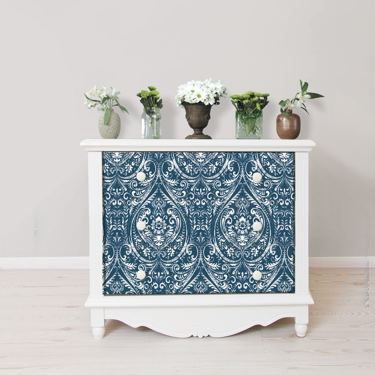 Bohemian Indigo Damask Peel & Stick Wallpaper with Distressed Damask Pattern - NuWallpaper NUW1689