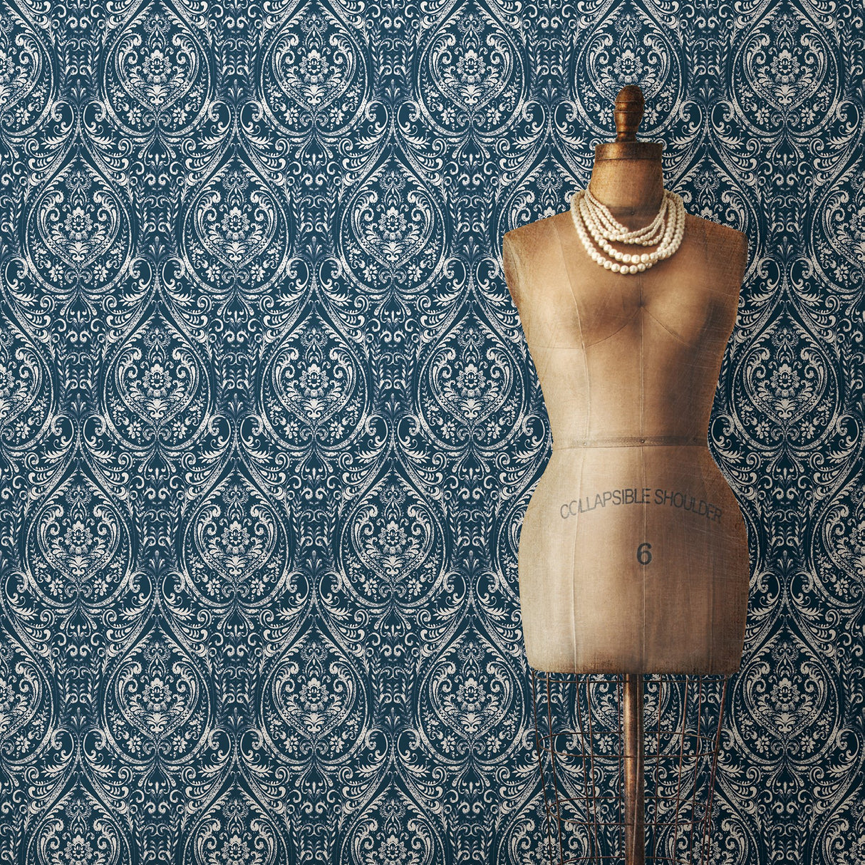 Bohemian Indigo Damask Peel & Stick Wallpaper with Distressed Damask Pattern - NuWallpaper NUW1689