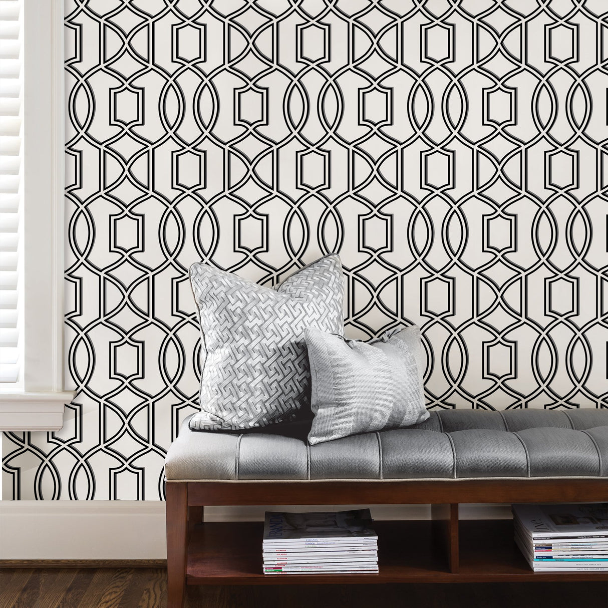 Uptown Trellis Black Peel & Stick Wallpaper with Modern Graphic Trellis Pattern - NUW1696