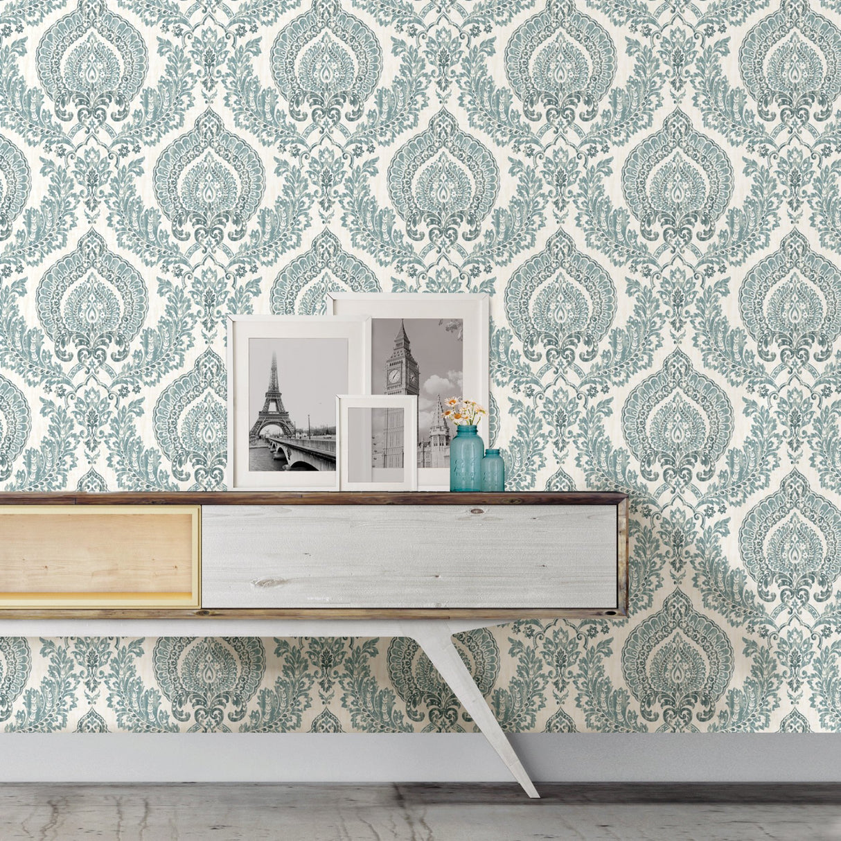 Kensington Damask Blue Peel & Stick Wallpaper with Traditional Graphic Pattern - NuWallpaper NUW1702