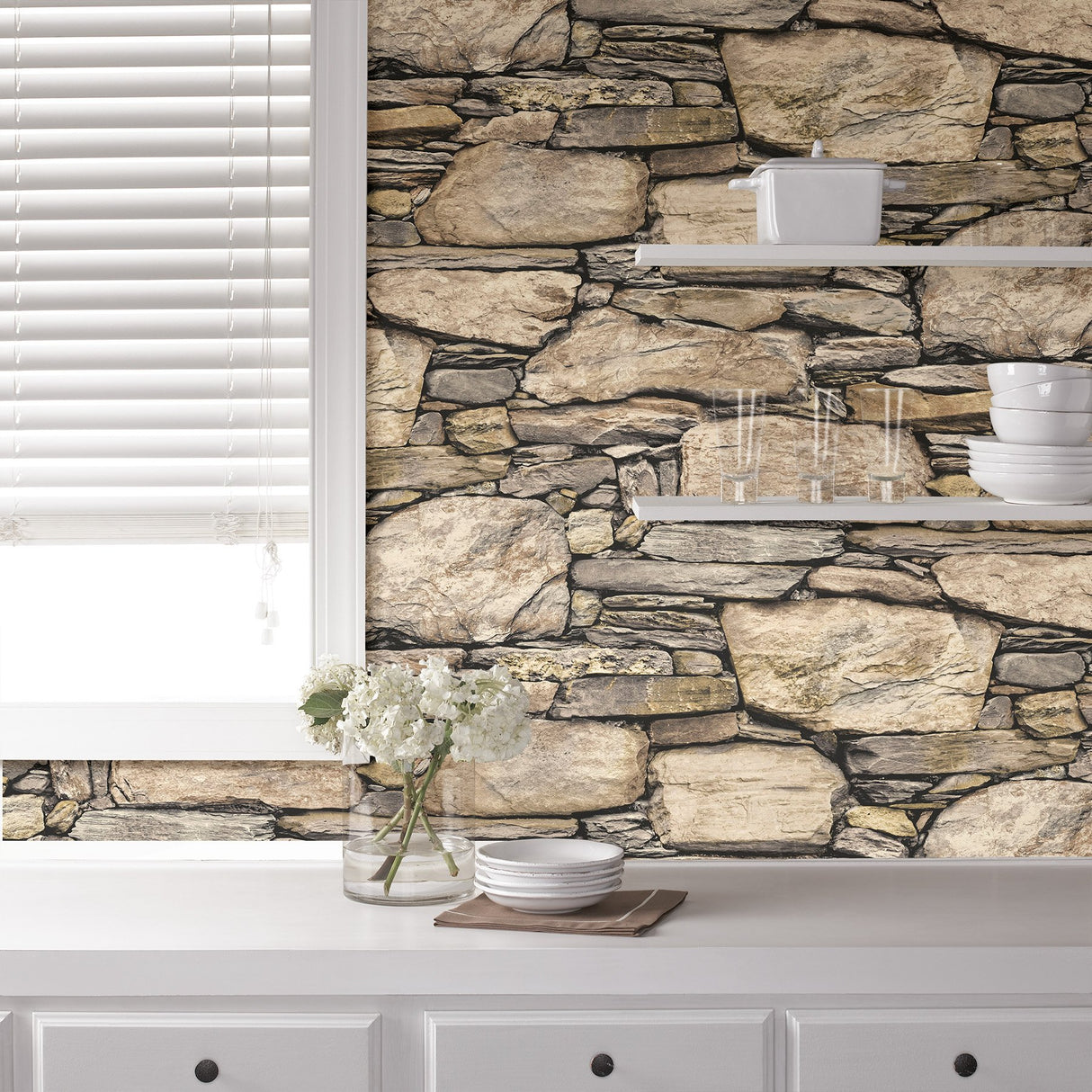 Hadrian Stone Wall Brown Texture Peel & Stick Wallpaper with Modern Faux Effects - Brewster NUW2065