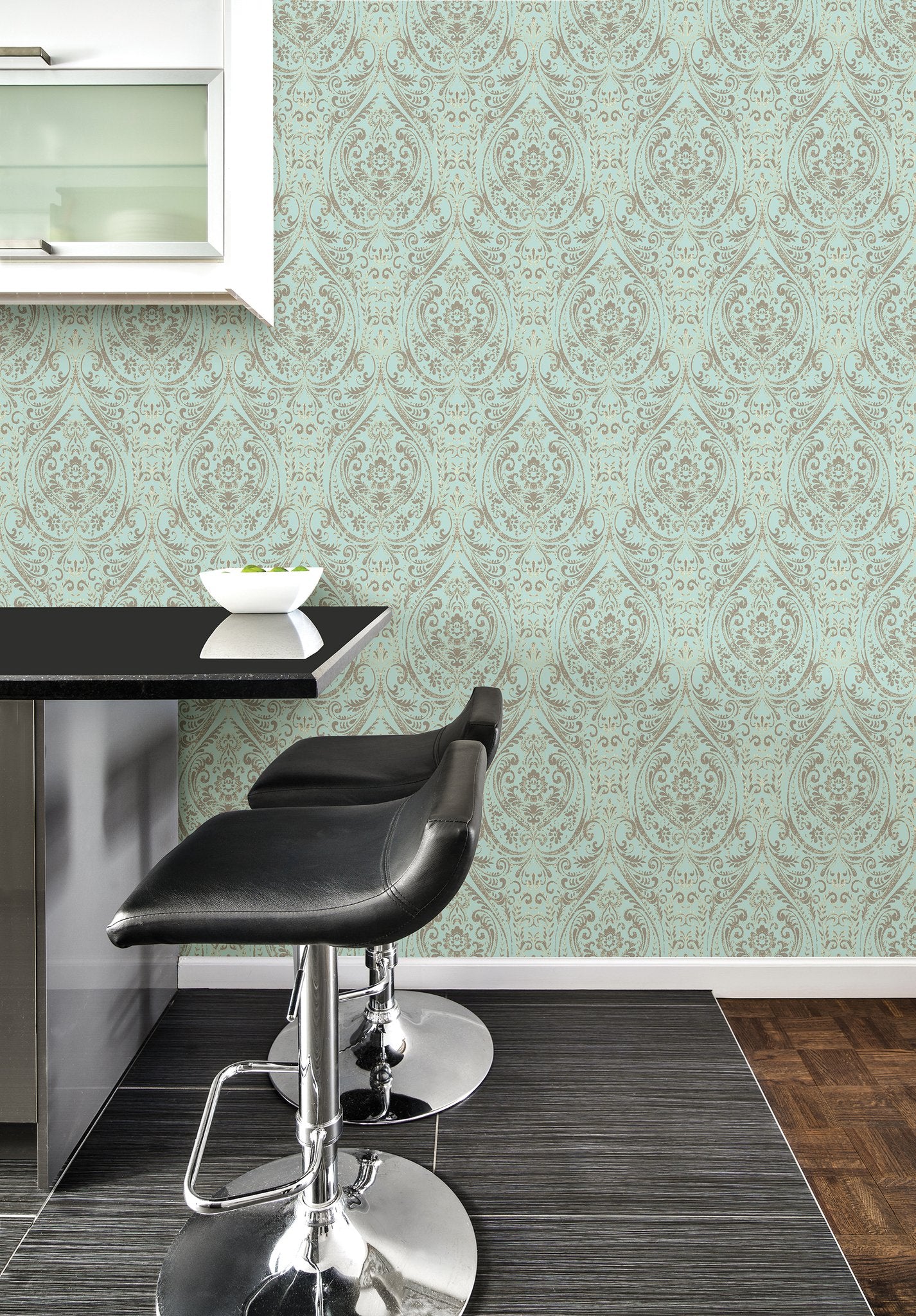Nomad Damask Turquoise Peel & Stick Wallpaper, Bohemian Damask Pattern - NuWallpaper NUW2079