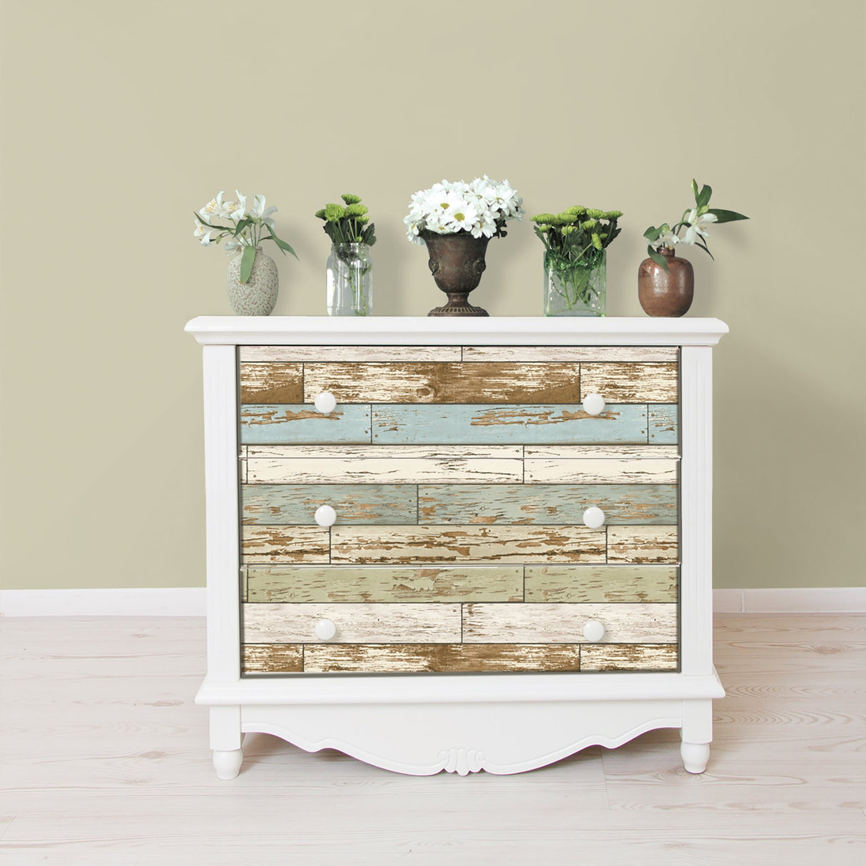 Old Salem Vintage Wood Green Planks Peel & Stick Wallpaper with Faux Effects Country Style - NUW2188