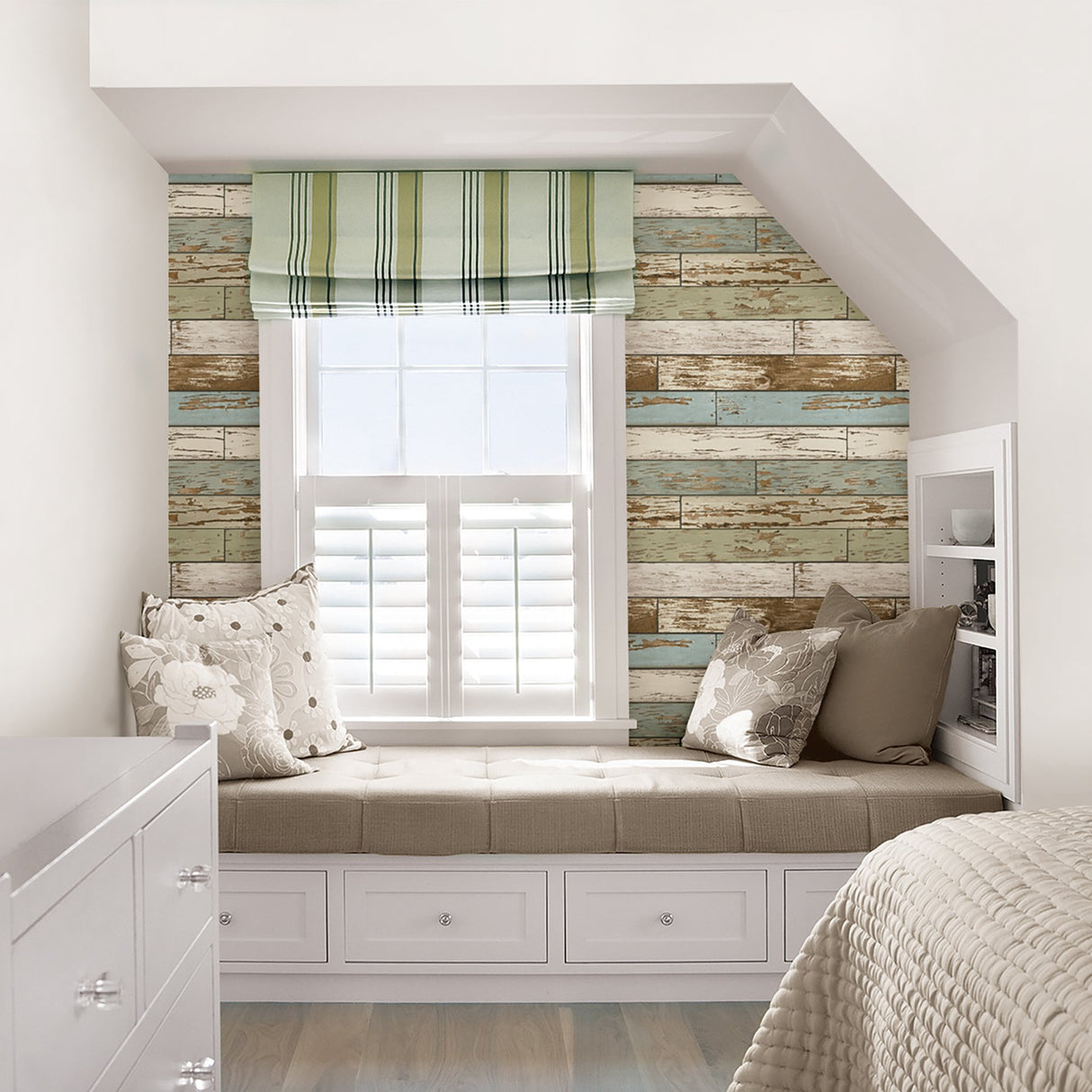 Old Salem Vintage Wood Green Planks Peel & Stick Wallpaper with Faux Effects Country Style - NUW2188