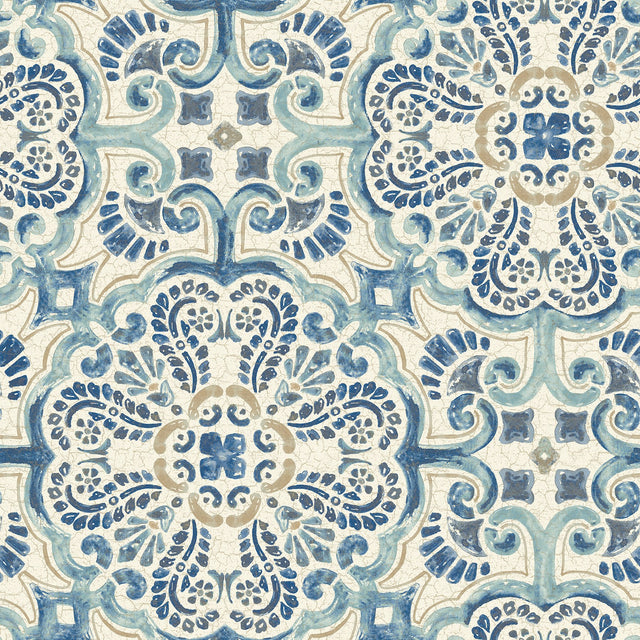 Florentine Tile Blue Peel & Stick Wallpaper with Traditional Tile Motif - NUW2235