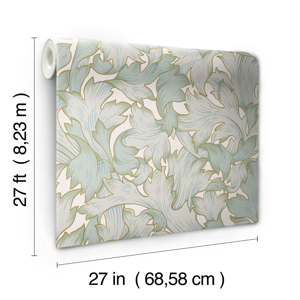 Acanthus Toss Beige & Seafoam Wallpaper with Botanical Acanthus Leaf Motif - York NV5511
