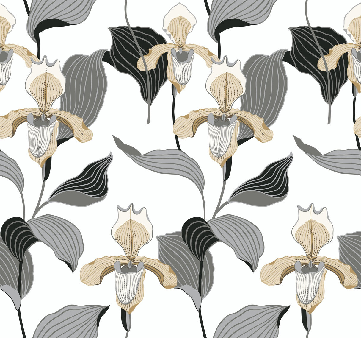Lady Slipper Gold & Grey Botanical Non Woven Wallpaper, Straight Match, 27 in x 27 ft - York NV5524