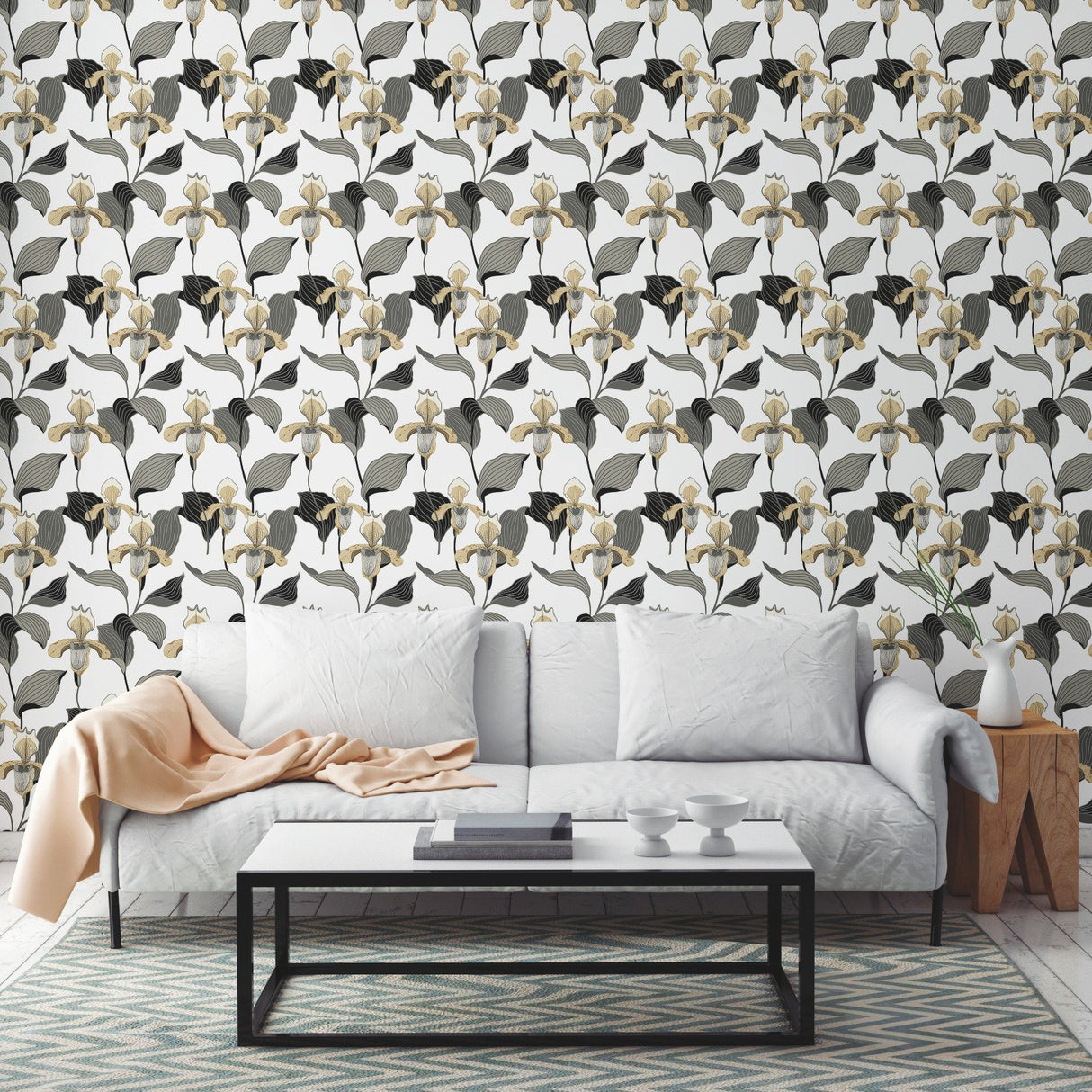 Lady Slipper Gold & Grey Botanical Non Woven Wallpaper, Straight Match, 27 in x 27 ft - York NV5524