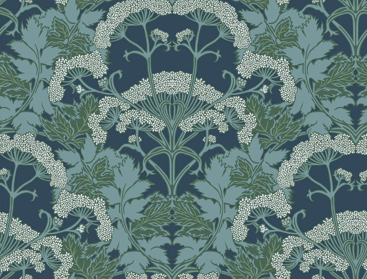 Yarrow Nouveau Blue & Green Wallpaper with Botanical Floral Pattern, Modern Style - York NV5558