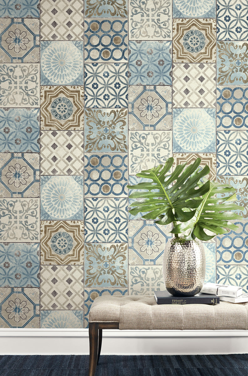 Morocaan Tile Blue & Copper by NextWall Peel & Stick Tile Wallpaper – NextWall NW30002