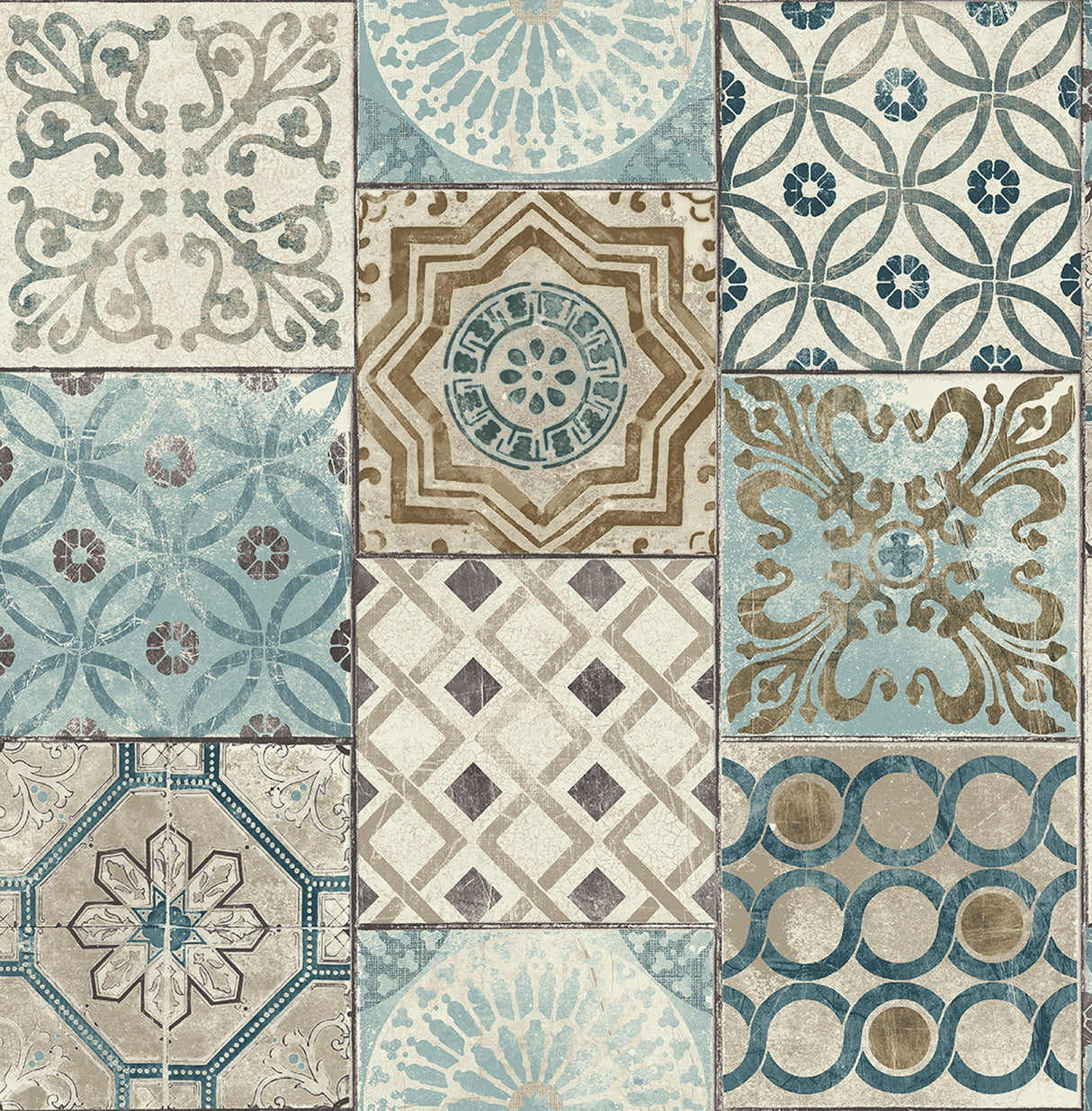 Morocaan Tile peel and stick wallpaper in blue and copper with a Moroccan tile patchwork pattern