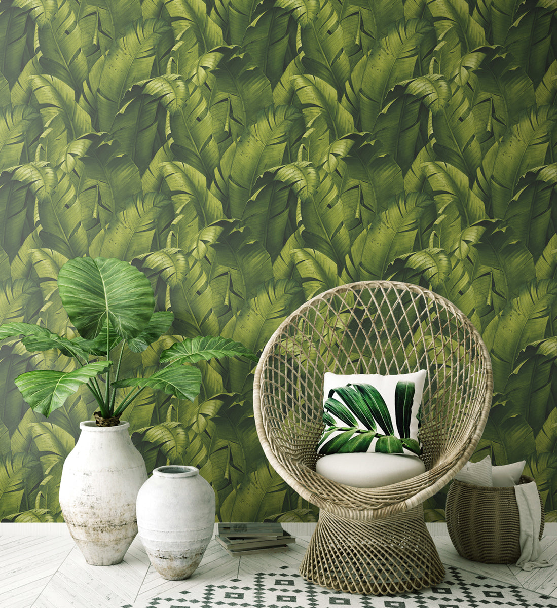 Tropical Banana Leaves Green by NextWall Peel & Stick Botanical Wallpaper – NextWall NW31000
