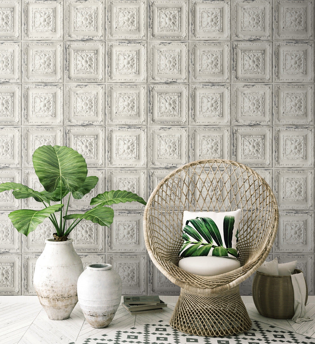 Distressed Tin Tile Linen & Charcoal by NextWall Peel & Stick Peel & Stick Wallpaper – NextWall NW32100