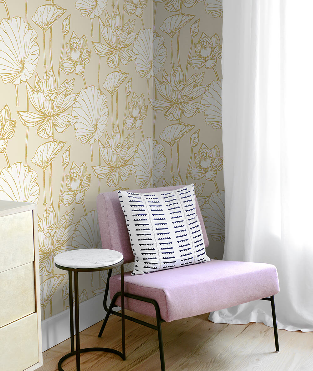 Lotus Floral Metallic Gold & Cream by NextWall Peel & Stick Peel & Stick Wallpaper – NextWall NW33105