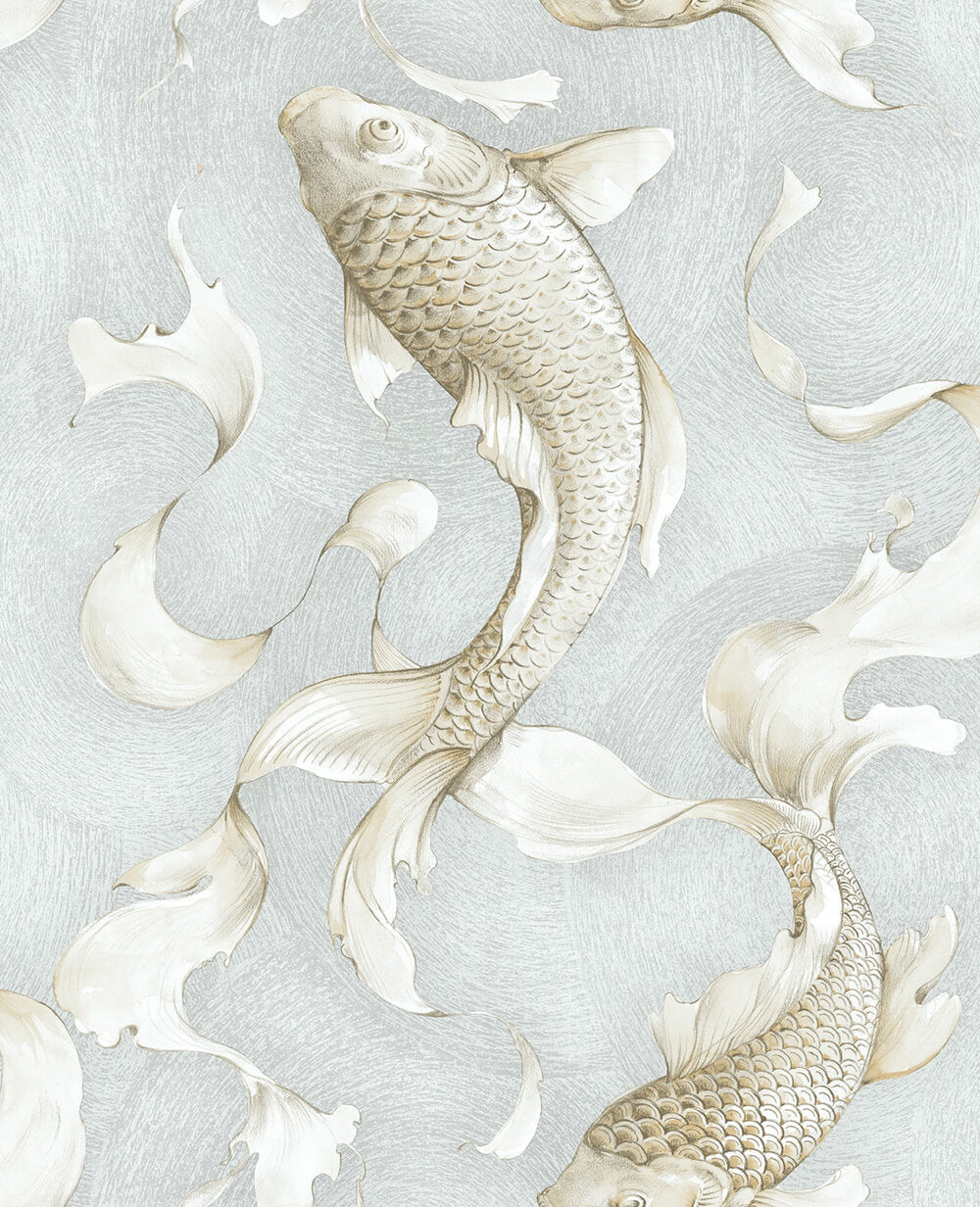 Koi Fish peel and stick wallpaper in metallic champagne and gray with koi fish motif