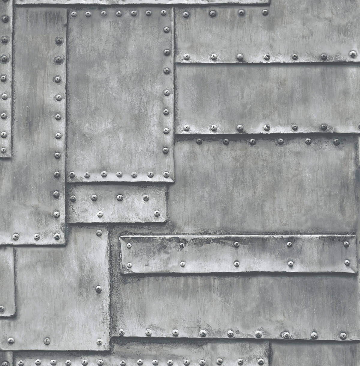Charcoal faux riveted metal panel industrial peel and stick wallpaper pattern