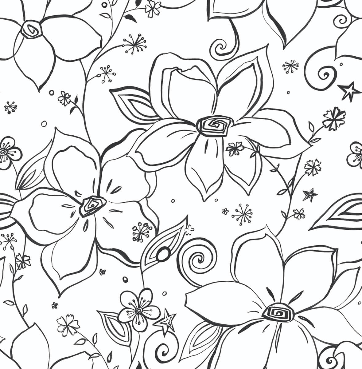 Linework Floral black peel and stick wallpaper with large outlined flowers