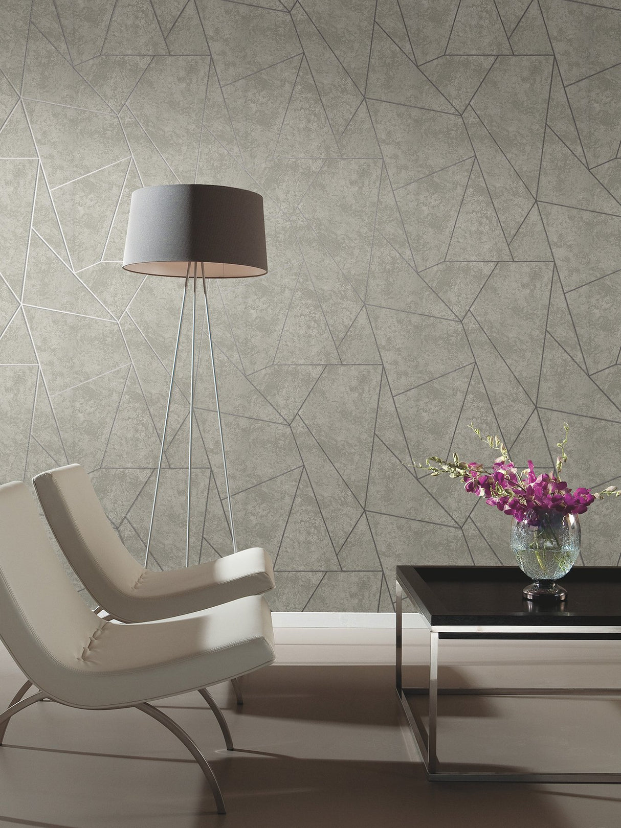 Nazca Light Grey & Silver Geometric Metallic Non Woven Wallpaper - York NW3503