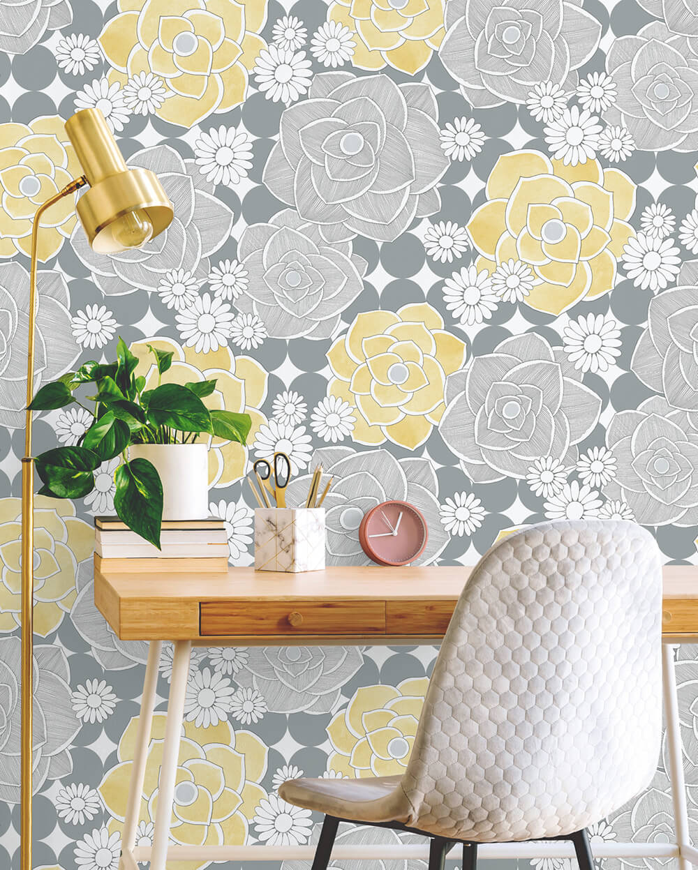 Retro Floral Yellow & Gray by NextWall Peel & Stick Peel & Stick Floral Wallpaper – NextWall NW35203
