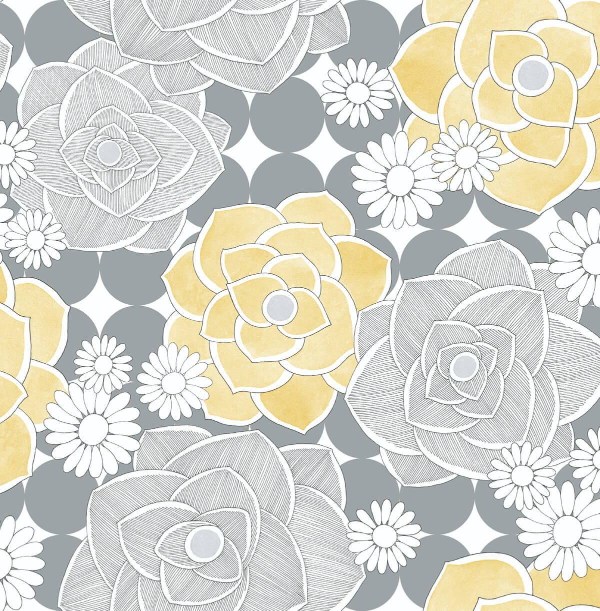 Retro Floral peel and stick wallpaper in yellow and gray with large floral motifs