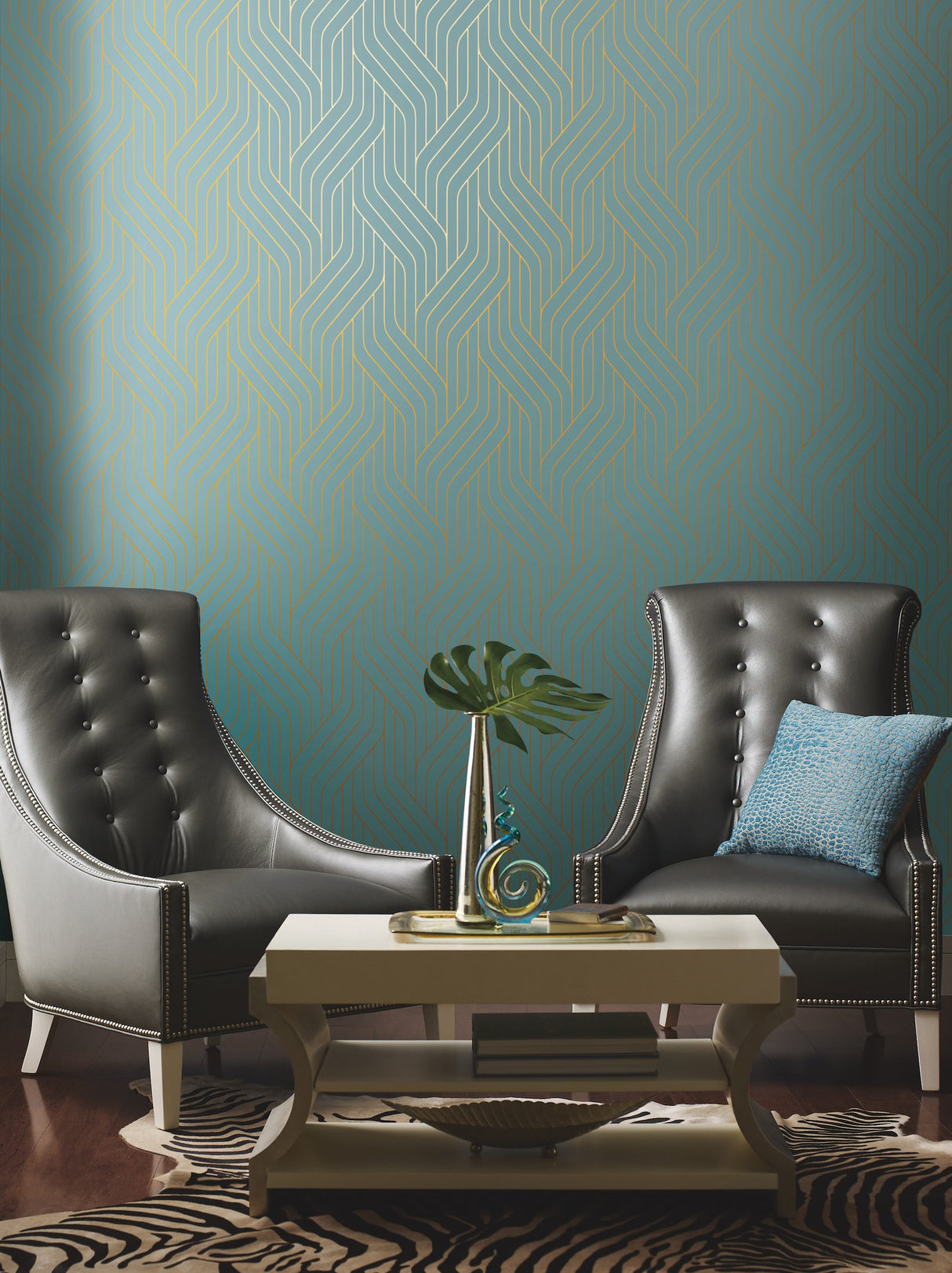 Ebb & Flow Blue & Gold Geometric Metallic Wallpaper - York NW3520