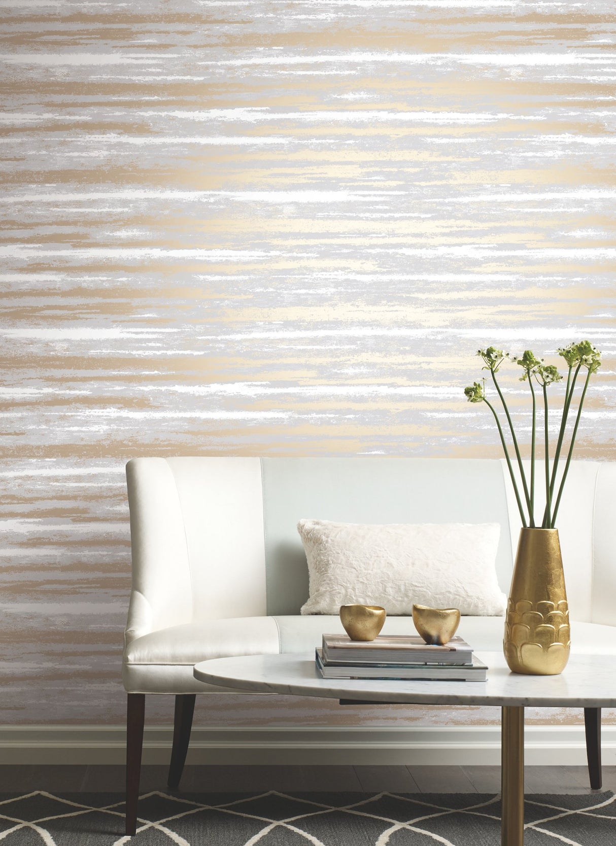 Atmosphere Grey & Gold Wallpaper with Metallic Striated Cloud Stripe - York NW3540