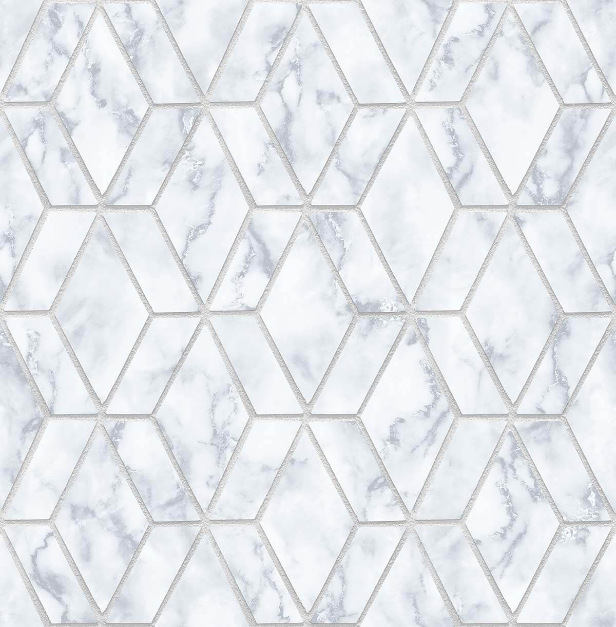 Marble Tile peel and stick wallpaper in gray and metallic silver geometric tile pattern