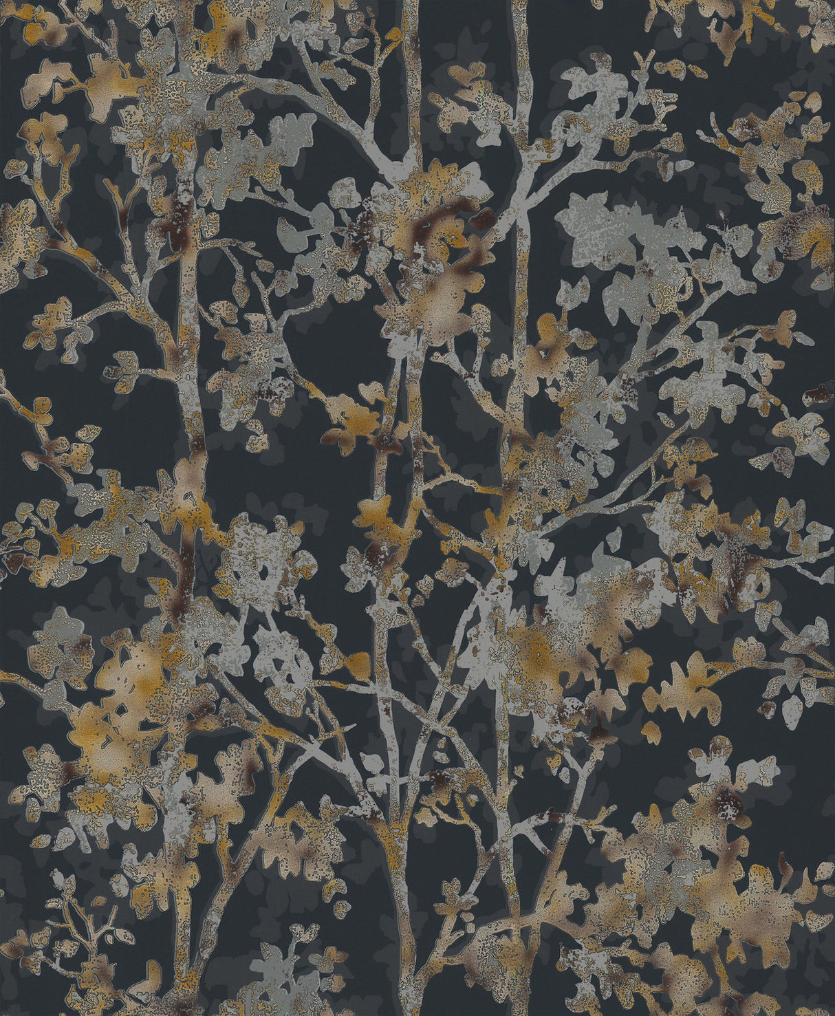 Shimmering Foliage Black Wallpaper with Metallic Botanical Pattern - York NW3580