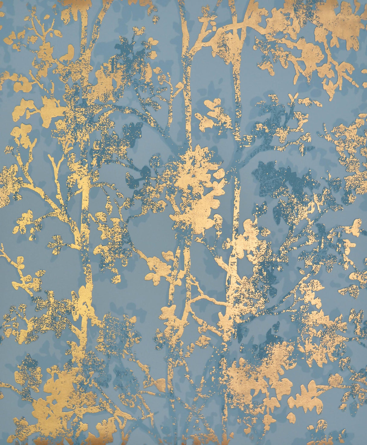 Shimmering Foliage Blue & Gold Wallpaper with Metallic Botanical Motif - York NW3581