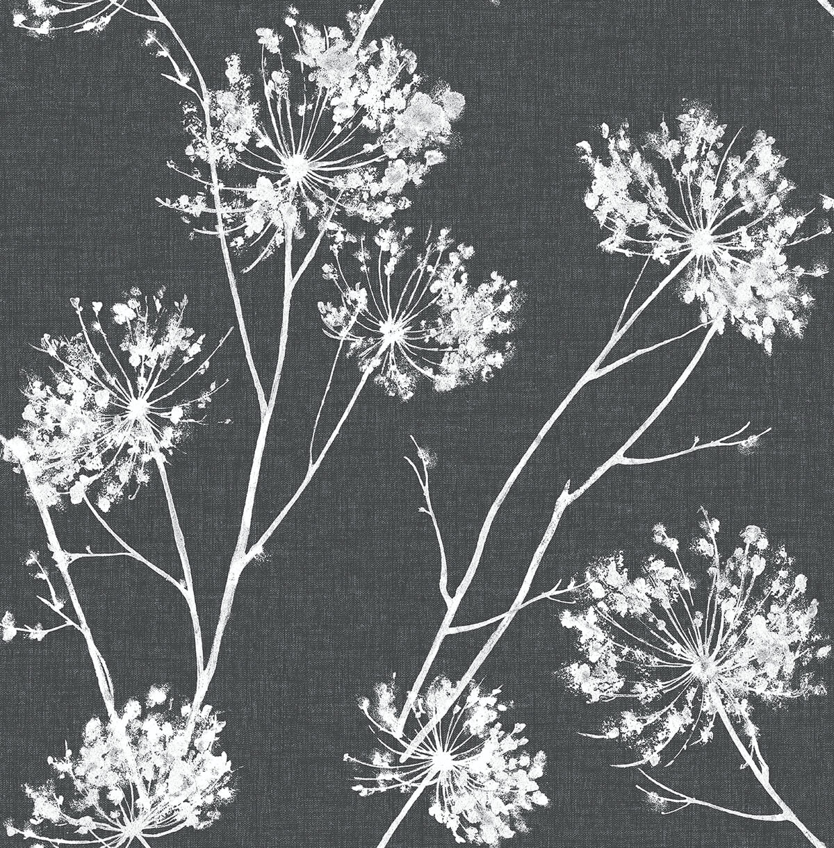 NextWall One O'Clocks charcoal peel and stick wallpaper with white botanical floral silhouettes