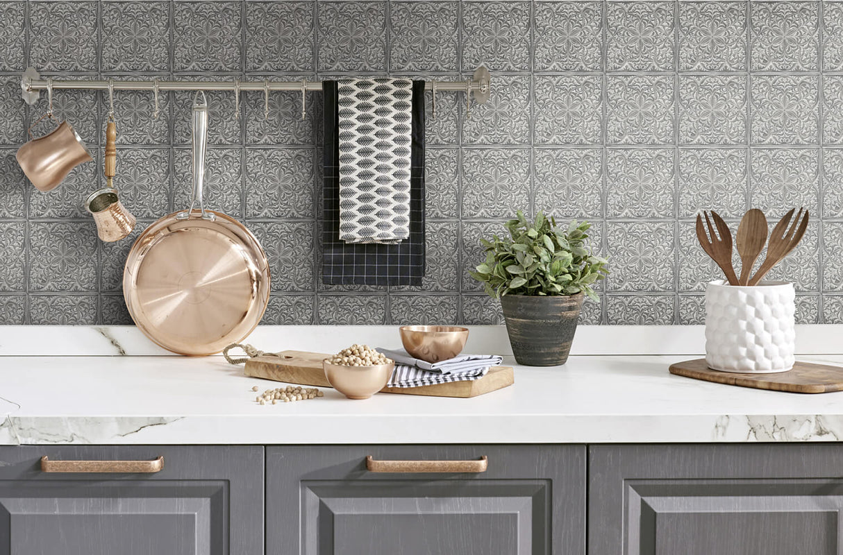 Faux Embossed Tile Metallic Silver & Charcoal by NextWall Peel & Stick Peel & Stick Wallpaper – NextWall NW36200