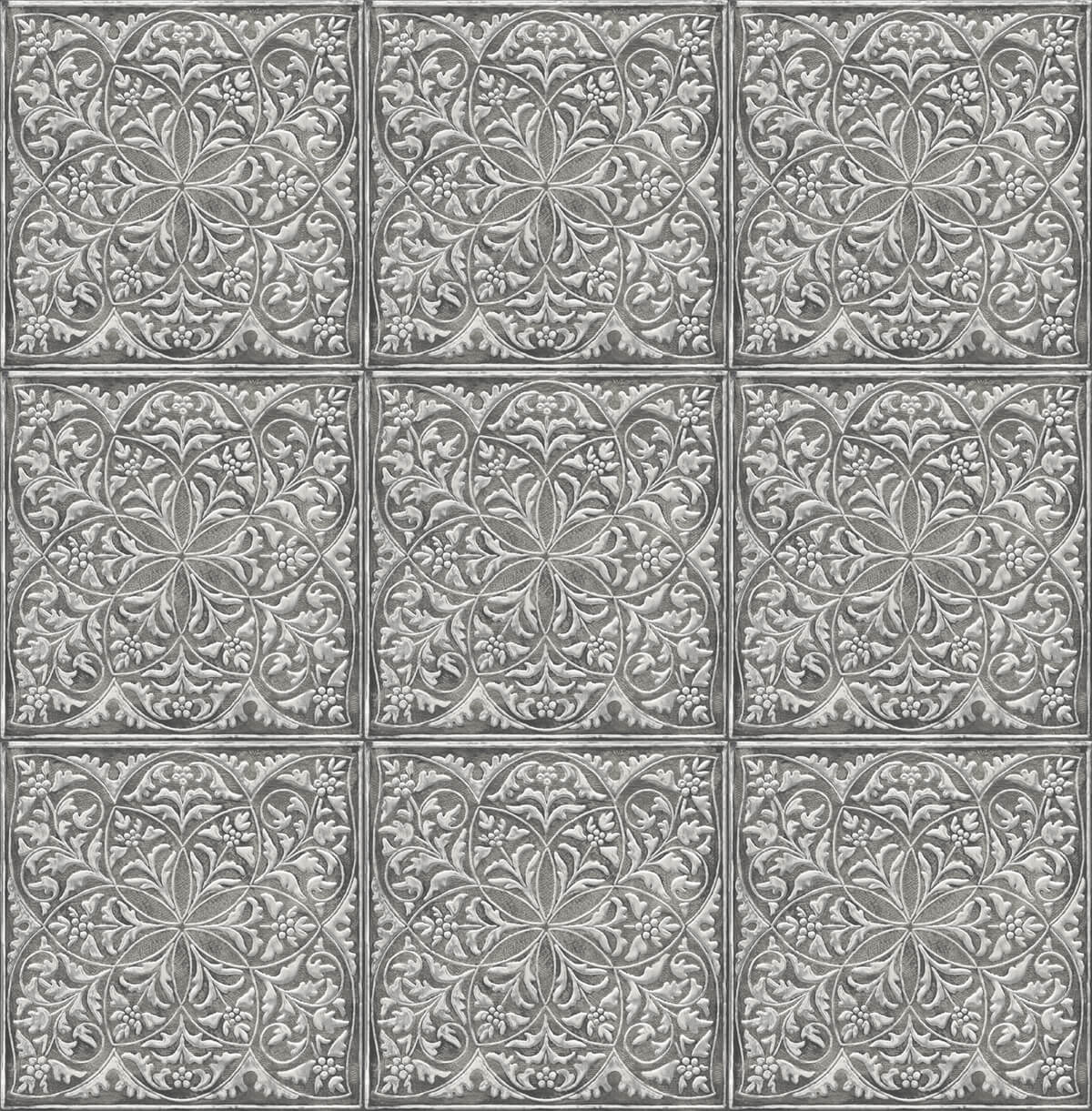 Metallic silver and charcoal faux embossed ornamental tile peel and stick wallpaper pattern