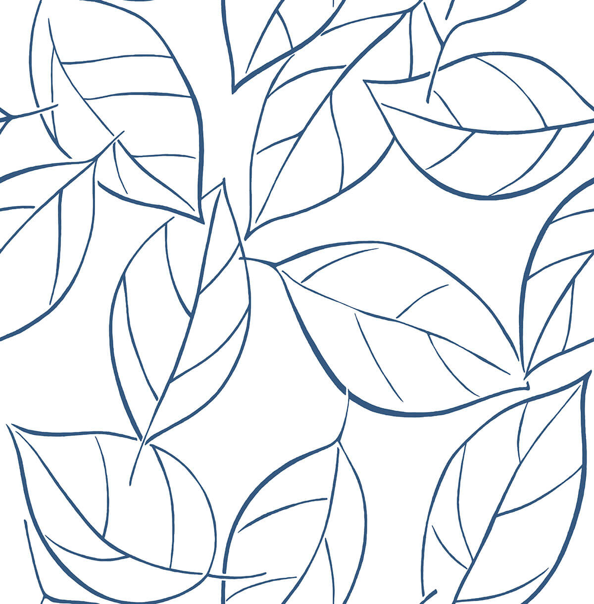 Tossed Leaves peel and stick wallpaper in navy blue leaf outline pattern on white background