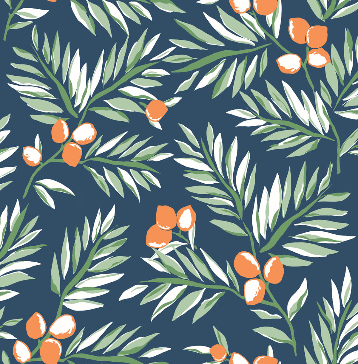 Citrus Branch peel and stick wallpaper in navy with sage green leaves and orange citrus fruit.