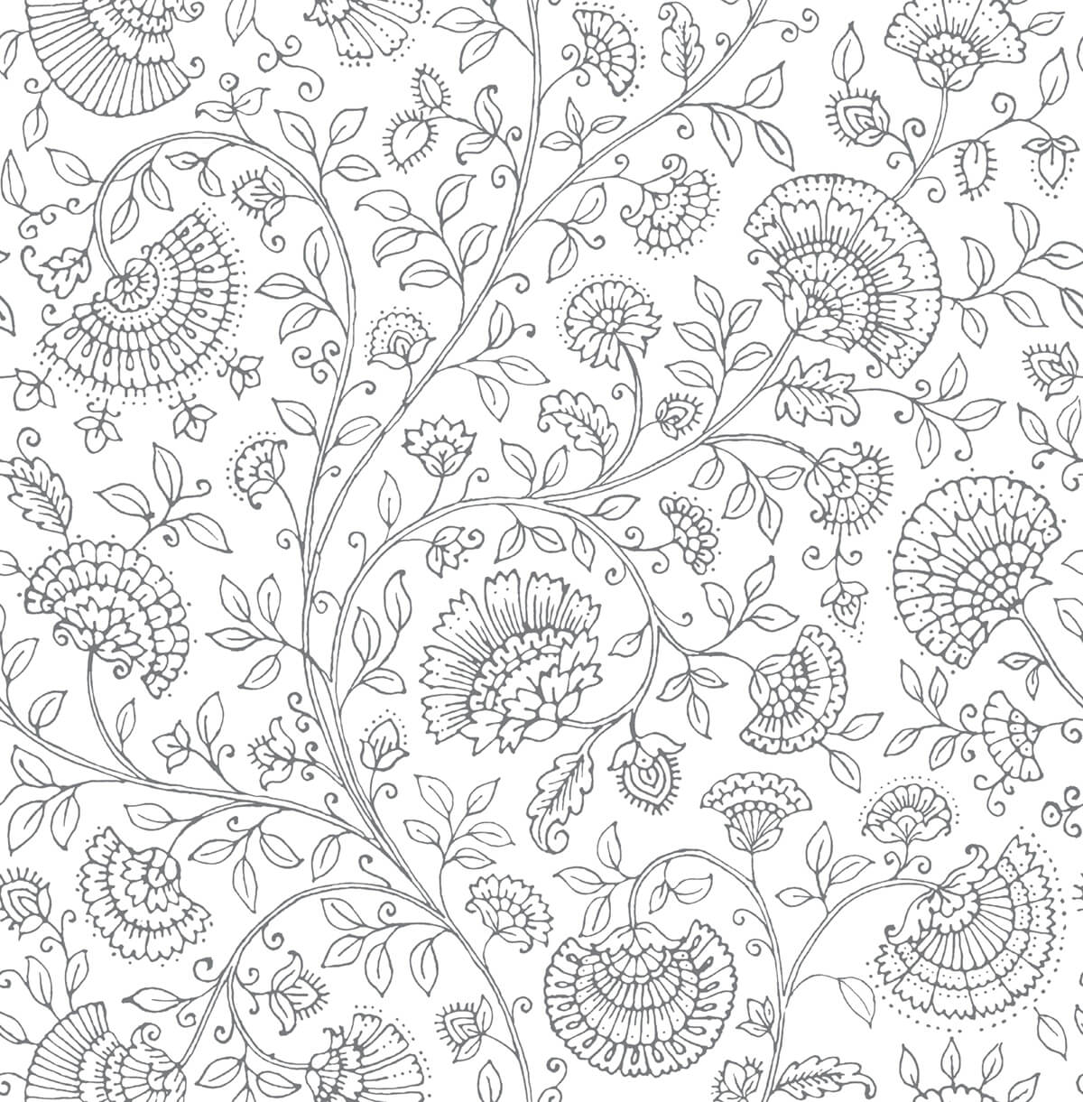 Paisley Trail peel and stick wallpaper in slate gray line art floral paisley vine pattern