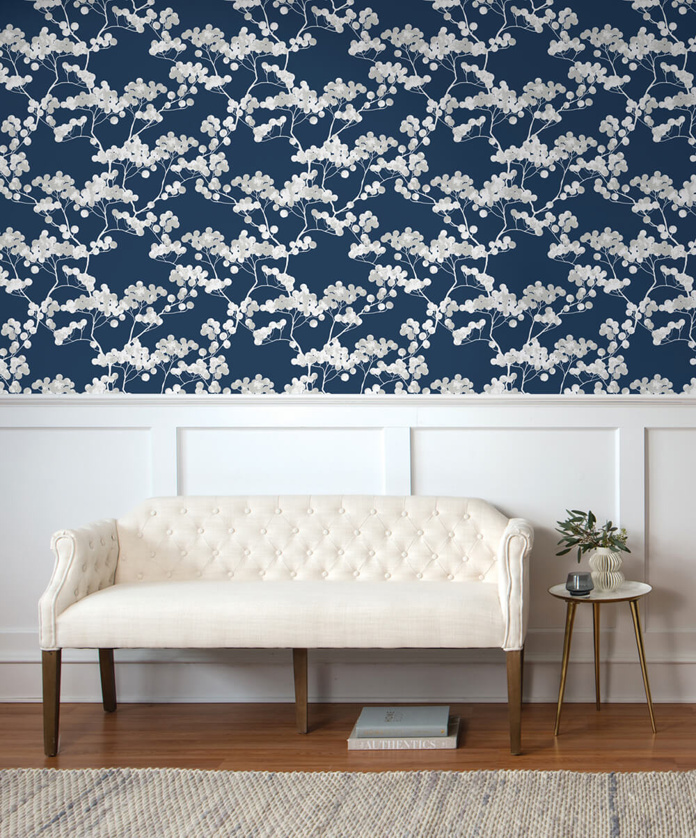 Cyprus Blossom Navy Blue & Gray by NextWall Peel & Stick Floral Wallpaper – NextWall NW37202