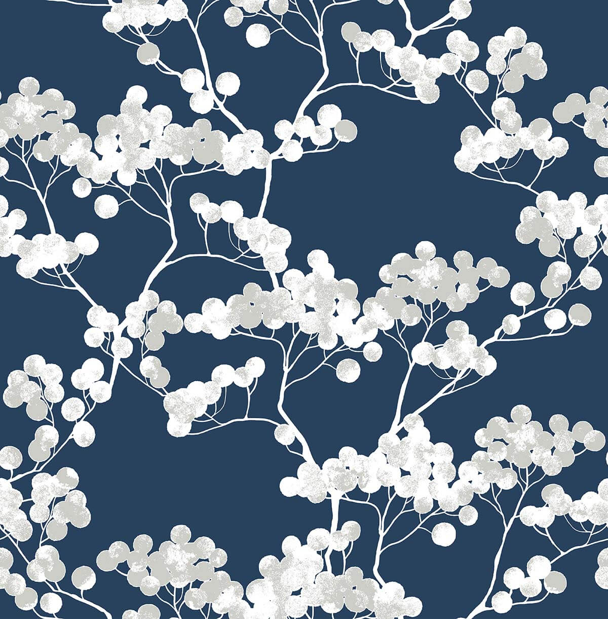 Cyprus Blossom peel and stick wallpaper with gray-white blossoms and branches on a navy blue background