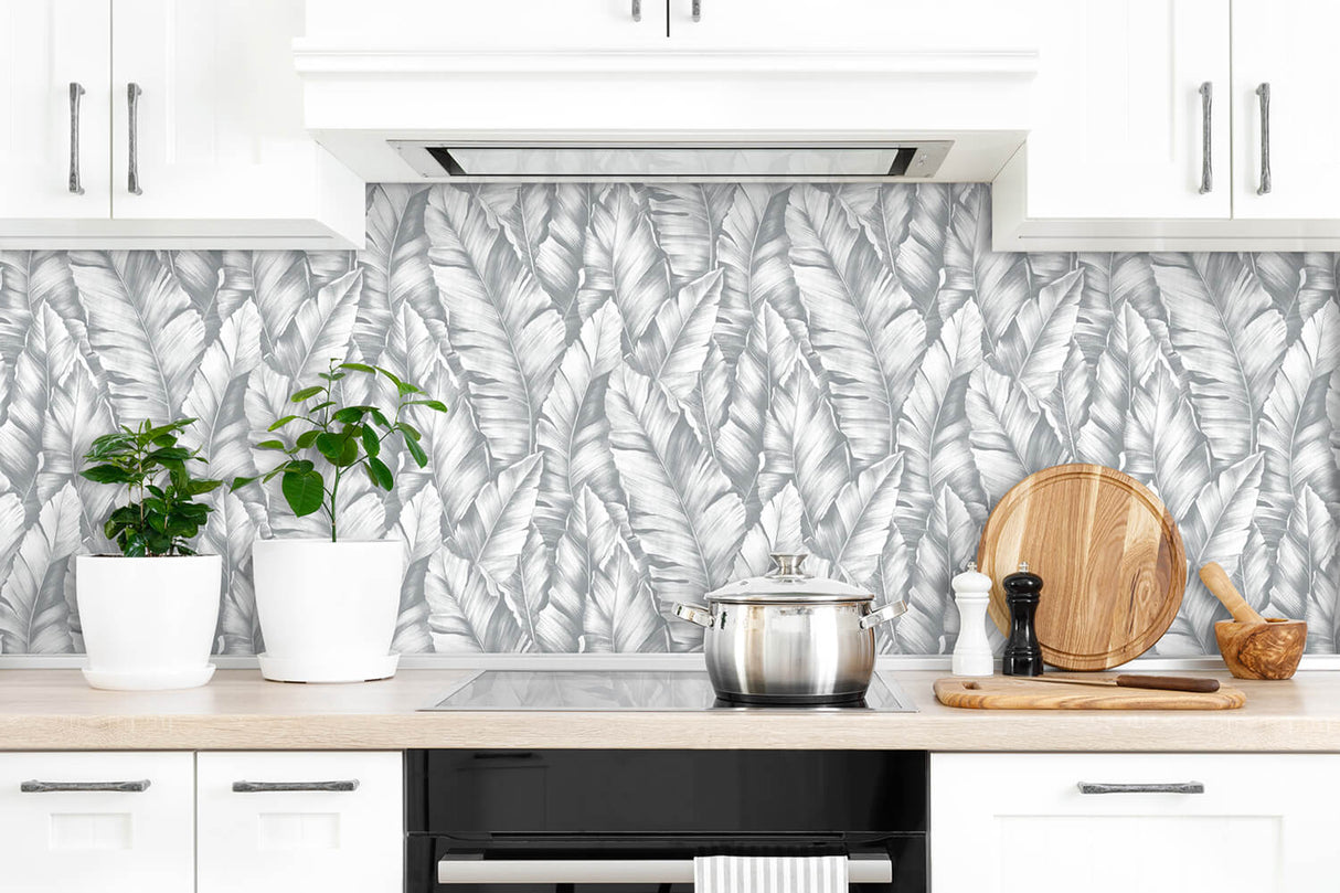 Baha Banana Leaves Daydream Gray by NextWall Peel & Stick Tropical Banana Leaf Wallpaper – NextWall NW37908