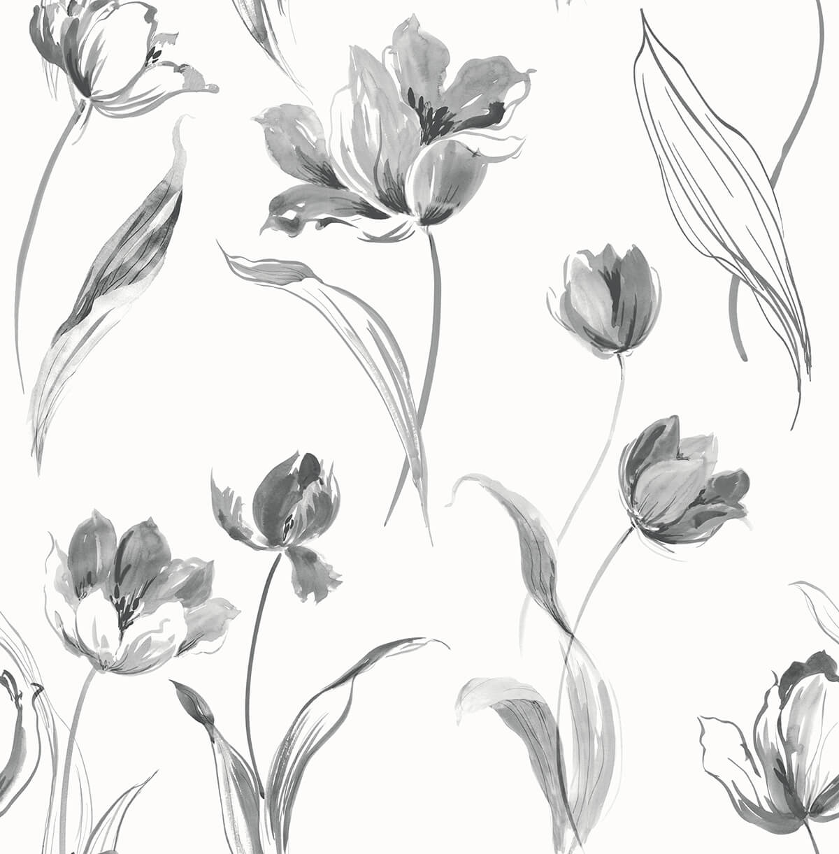 Black and white watercolor tulip floral peel and stick wallpaper pattern