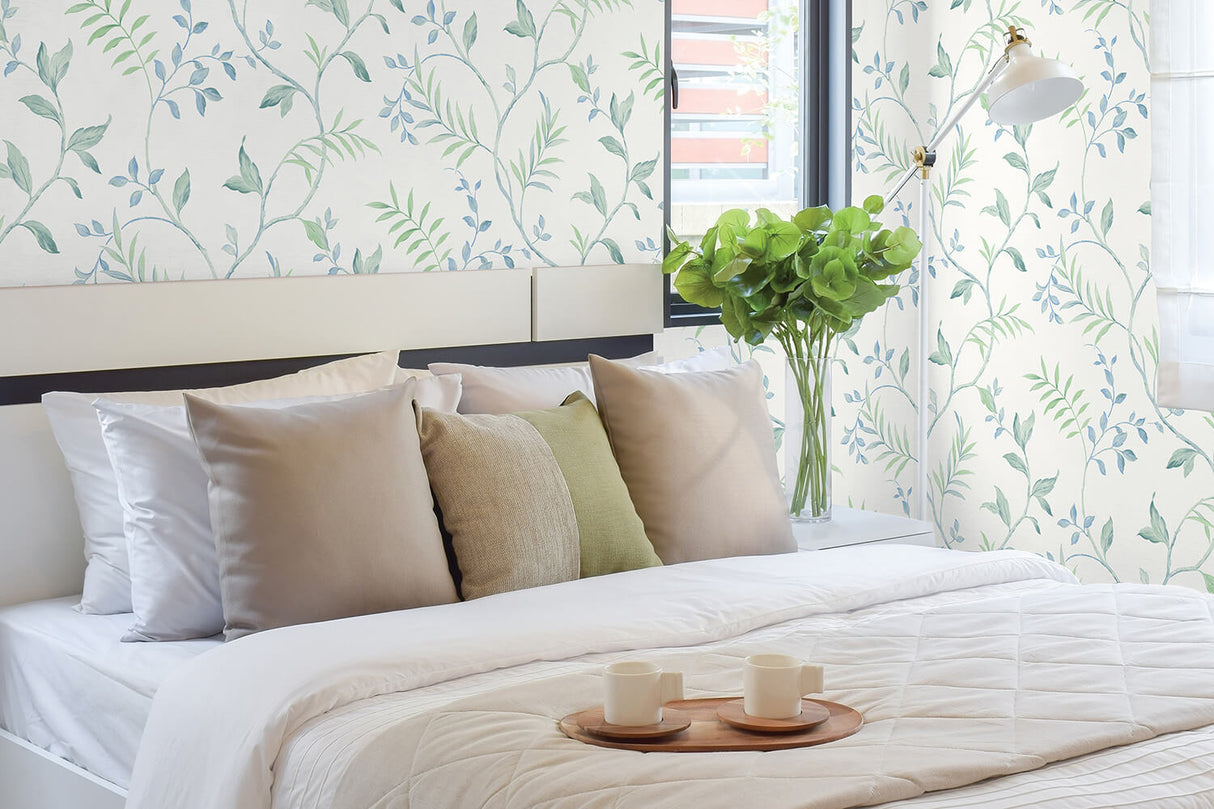 Watercolor Leaf Trail Sea Glass by NextWall Peel & Stick Botanical Peel & Stick Wallpaper – NextWall NW38204