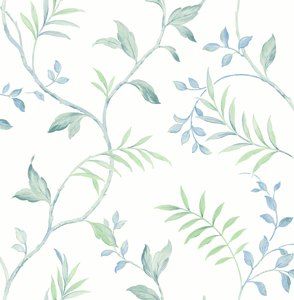 Watercolor Leaf Trail peel and stick wallpaper in Sea Glass with soft blue and green watercolor vines on a light ground.
