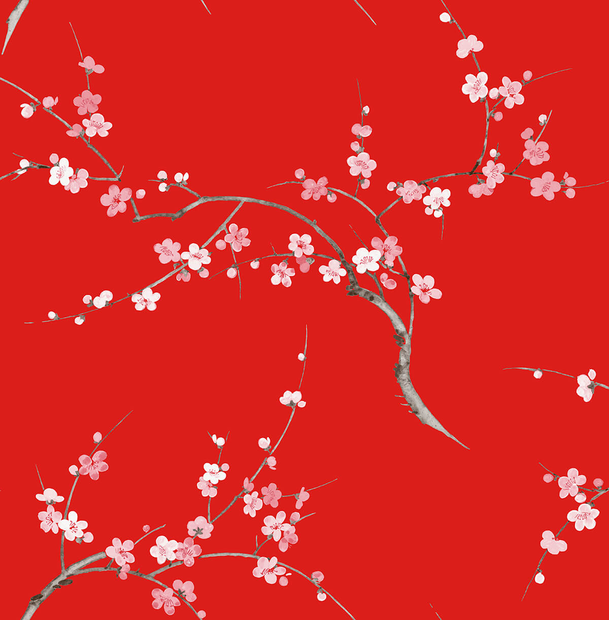 Cherry Blossom Floral peel and stick wallpaper in scarlet red with petal pink blossoms