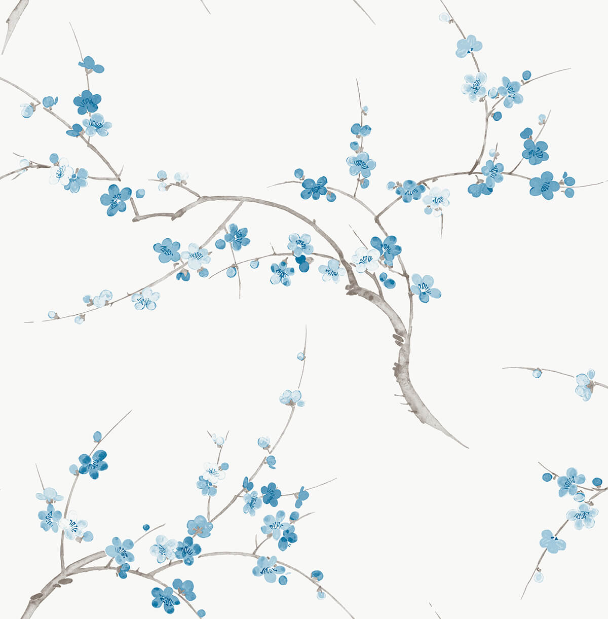 Pacific blue cherry blossom branches on a white background peel and stick wallpaper