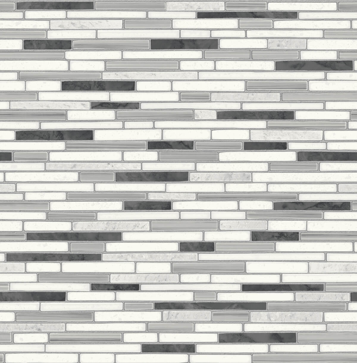 Faux mosaic strip tile peel and stick wallpaper in wrought iron and gray tones