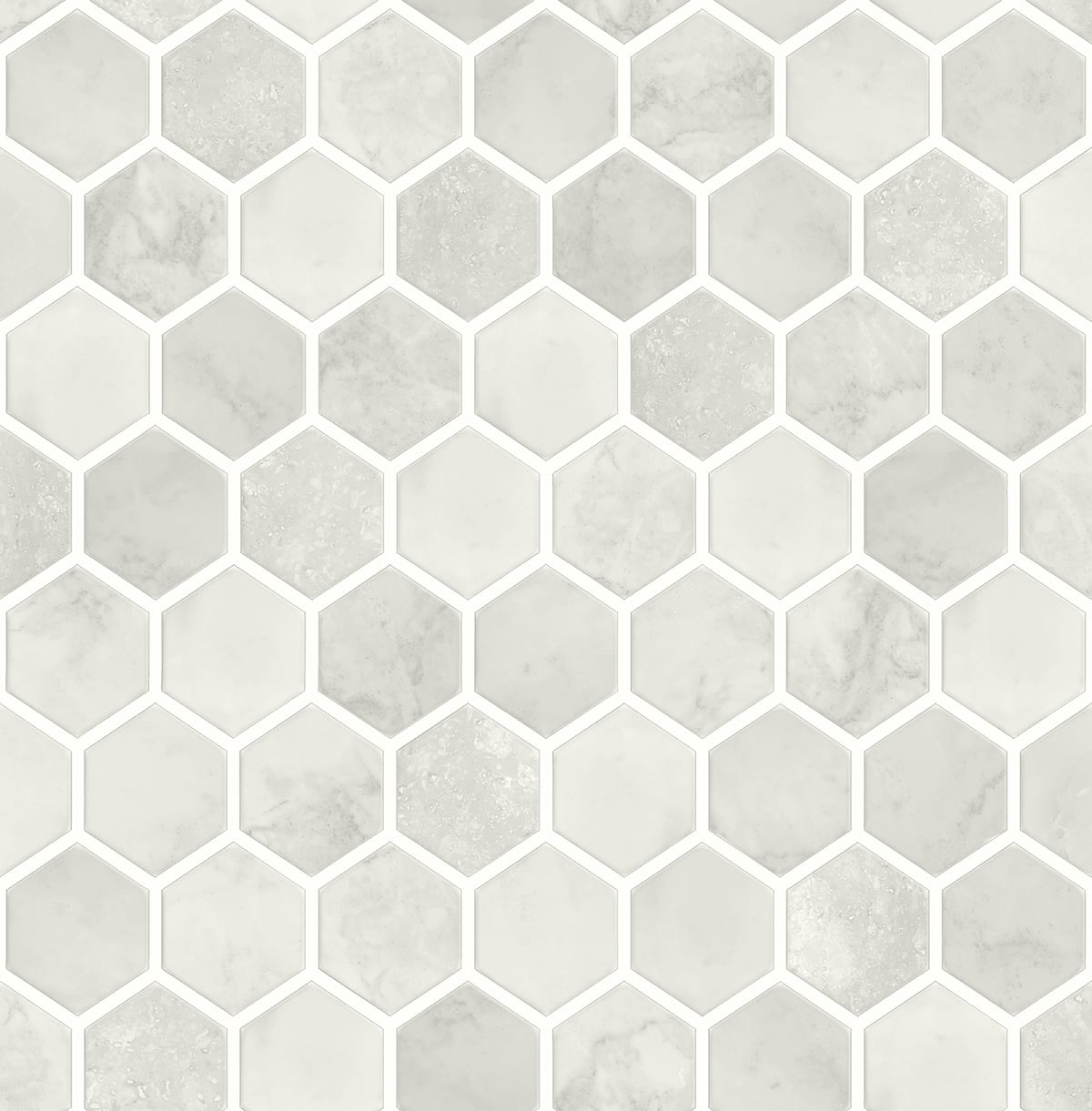 Inlay Hexagon peel and stick wallpaper in cream and light gray hexagon tile pattern