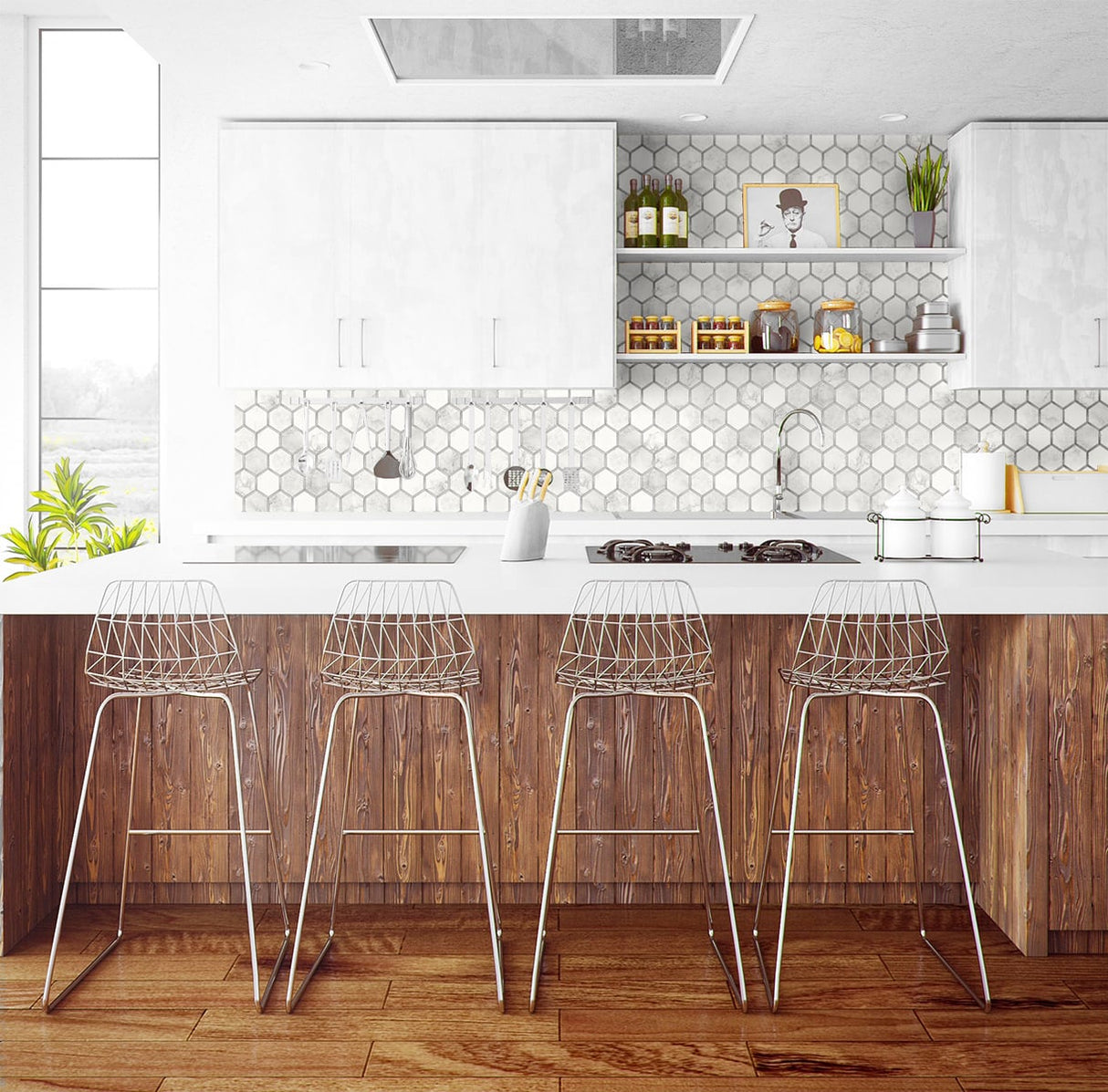 Inlay Hexagon Carrara & Metallic Silver by NextWall Peel & Stick Vinyl Peel & Stick Wallpaper – NextWall NW38615
