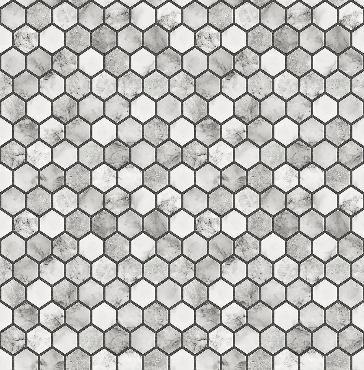 Marble Hexagon peel and stick wallpaper in grey and white Carrara marble look with wrought iron hexagon outlines.