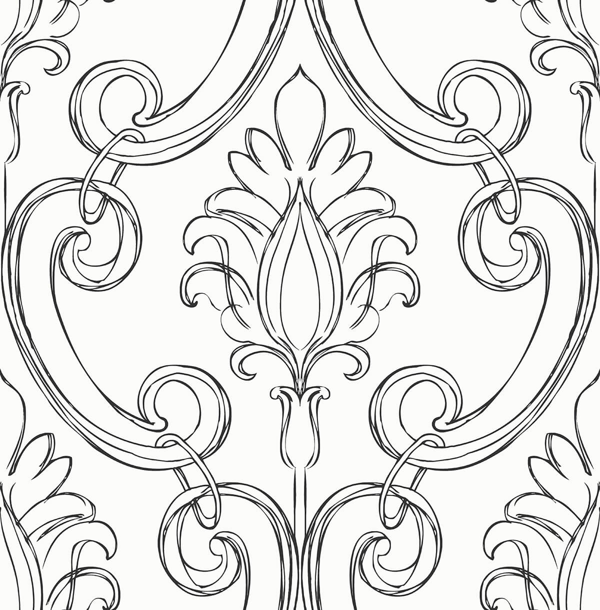 Sketched Damask wallpaper in ebony with hand-drawn damask scroll motif