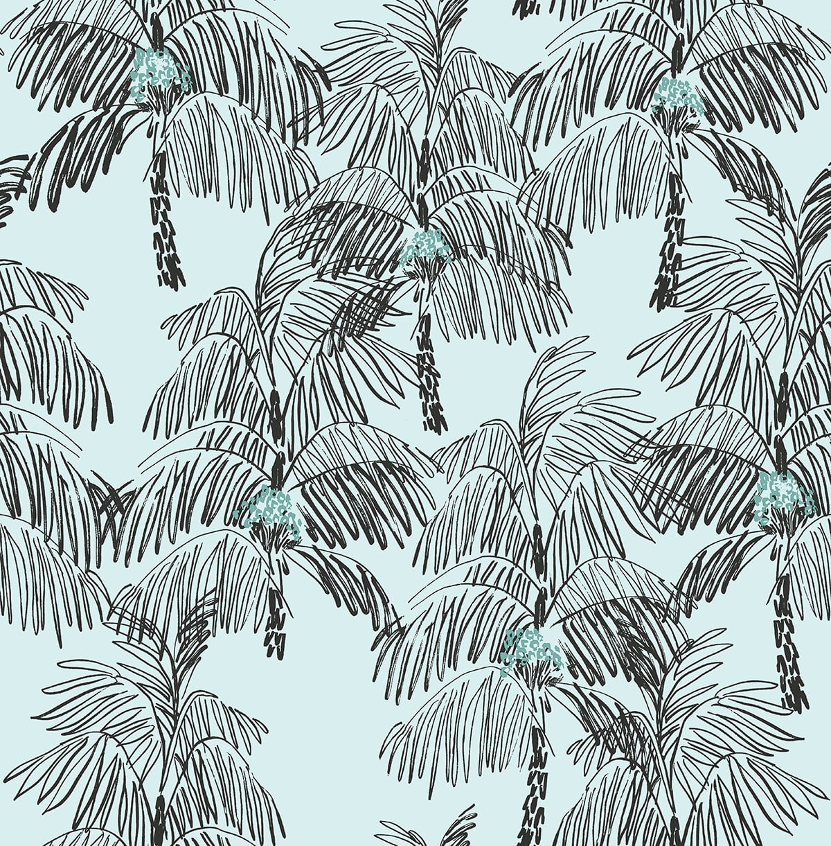 Palm Beach peel and stick wallpaper in sky blue with black hand-drawn palm trees by NextWall (NW40012).